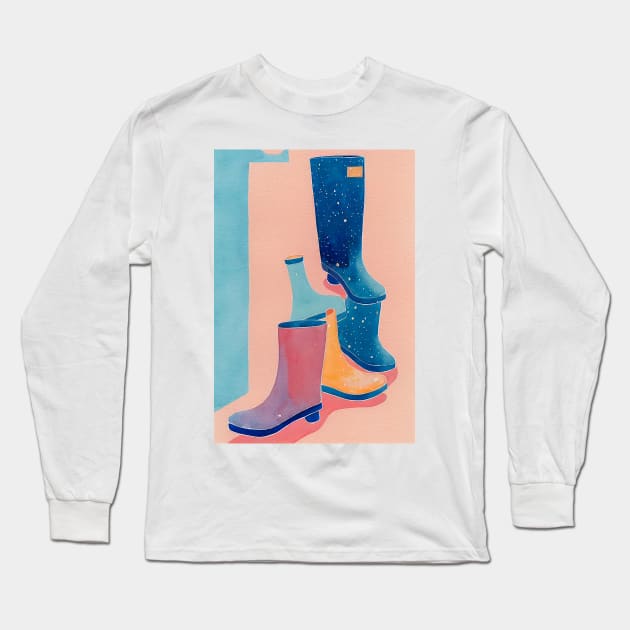 Idle Wellies Watercolor Painting Design Long Sleeve T-Shirt by Kokozo